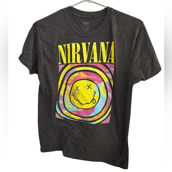 Nirvana Rock Band 90s Happy Dead Face Grunge Charcoal Gray Women’s M T-Shirt - Picture 1 of 4
